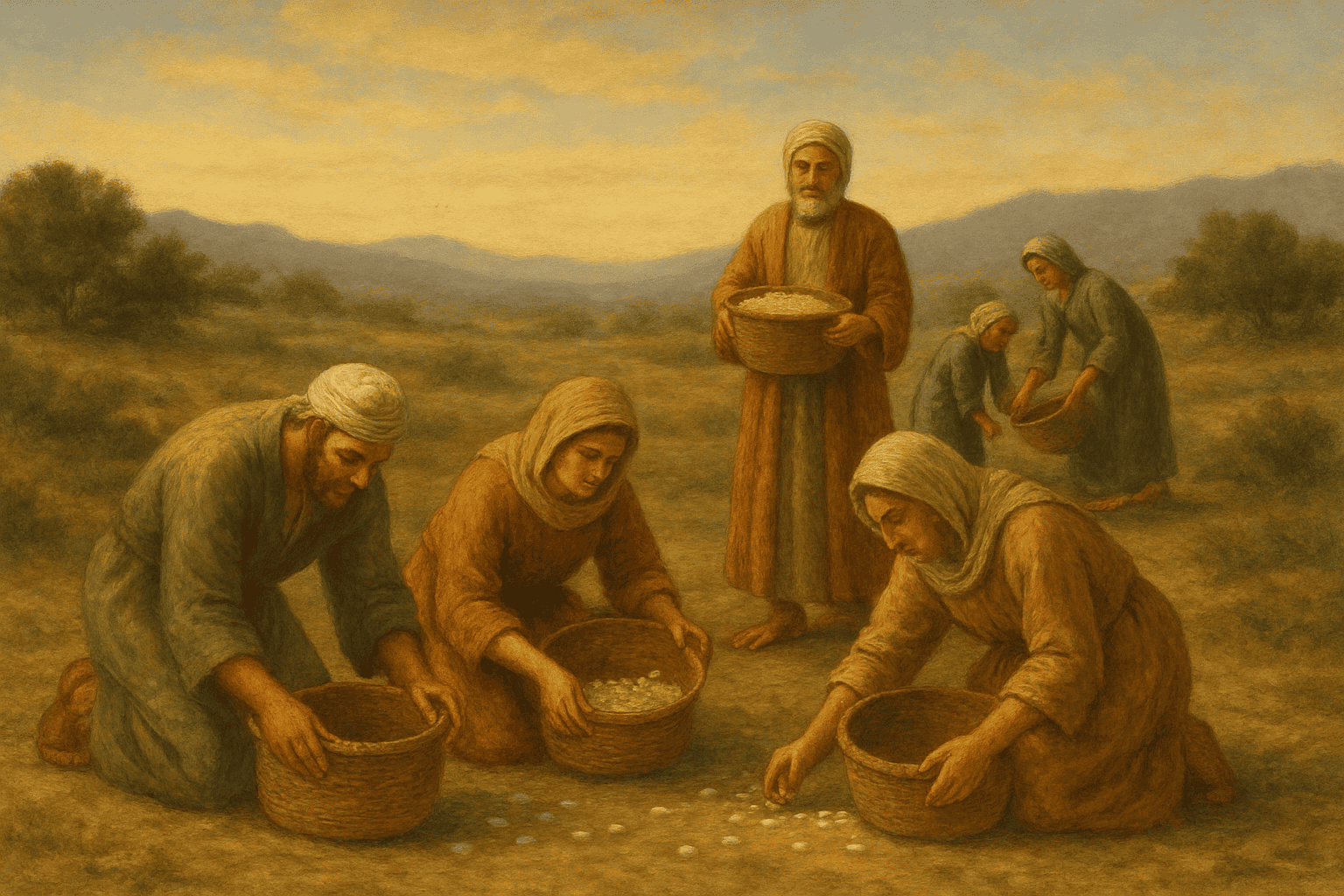 People gathering manna from heaven in baskets – biblical provision scene